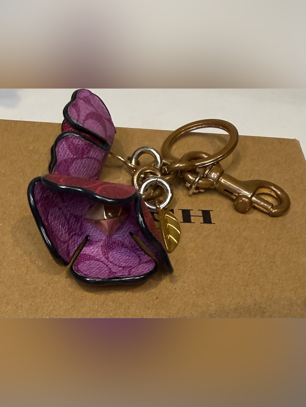 Coach Pink and Red Leather Tea Rose Bag Charm Keychain with Gold Leaf Accent - Picture 5 of 6